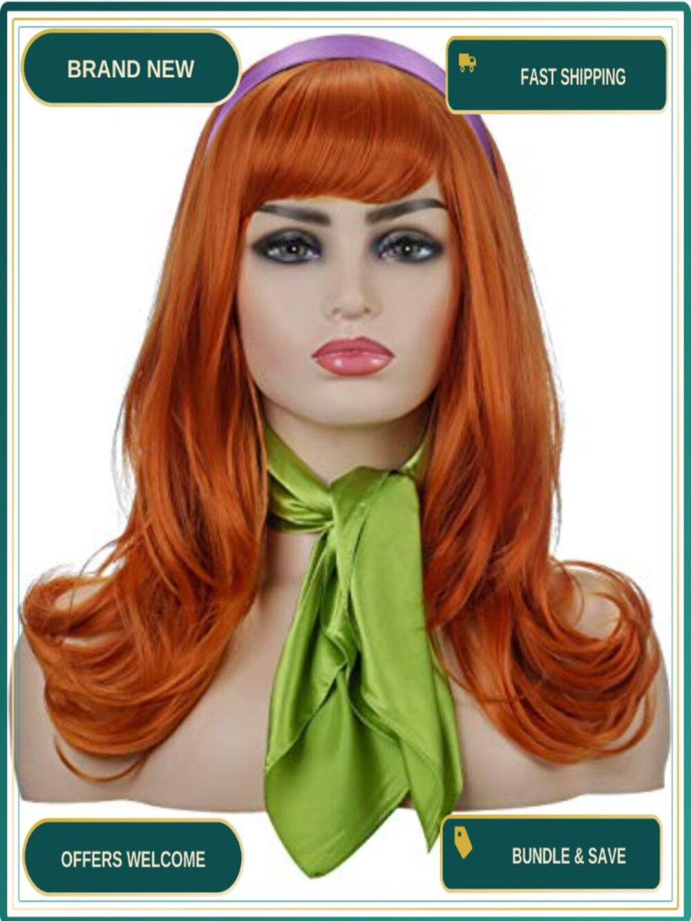 Long Wavy Full Bang Costume Wig with Headband Scarf Heat Resistant Synthetic